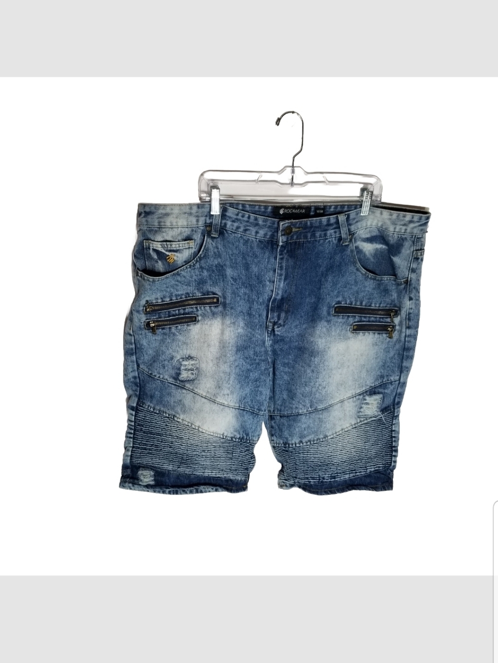Rocawear Shorts Moto Denim Mens Size 44 Blue Stone Wash Distressed Classic Fit